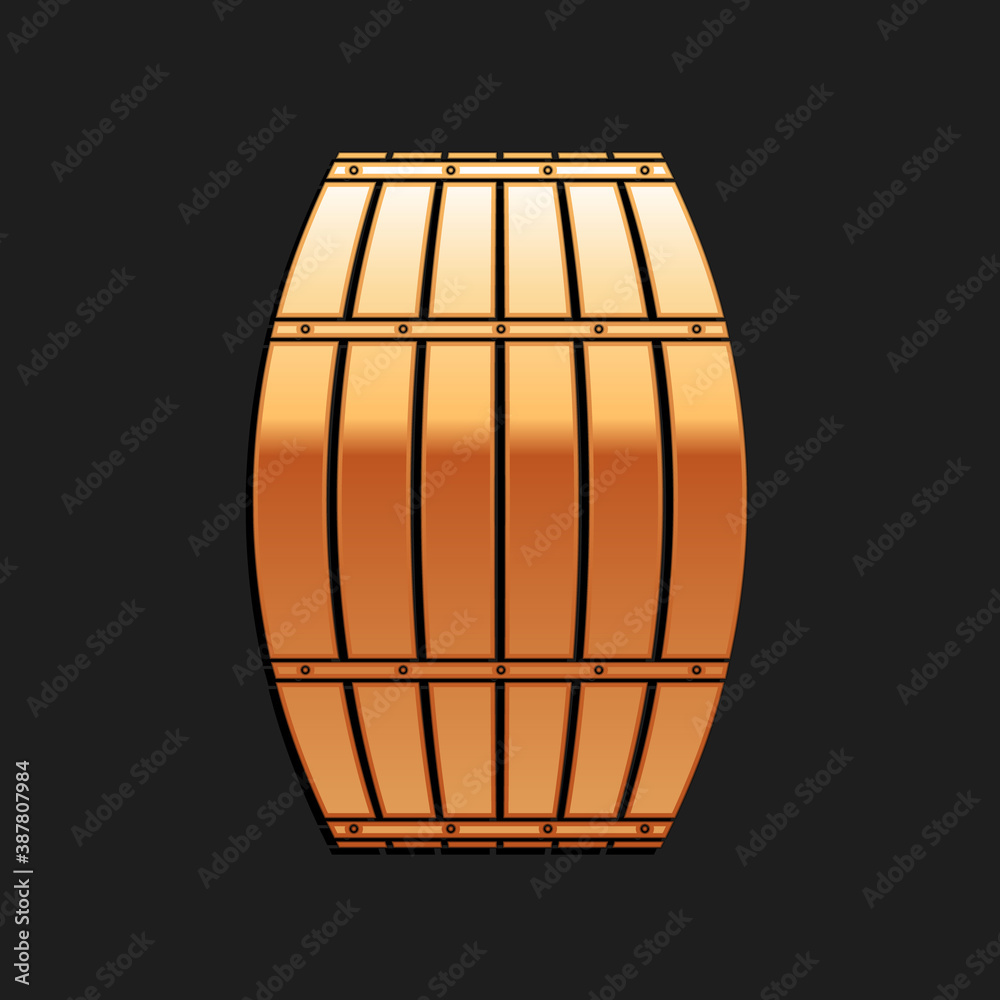Gold Wooden barrel icon isolated on black background. Alcohol barrel, drink  container, wooden keg for beer, whiskey, wine. Long shadow style. Vector.  vector de Stock | Adobe Stock