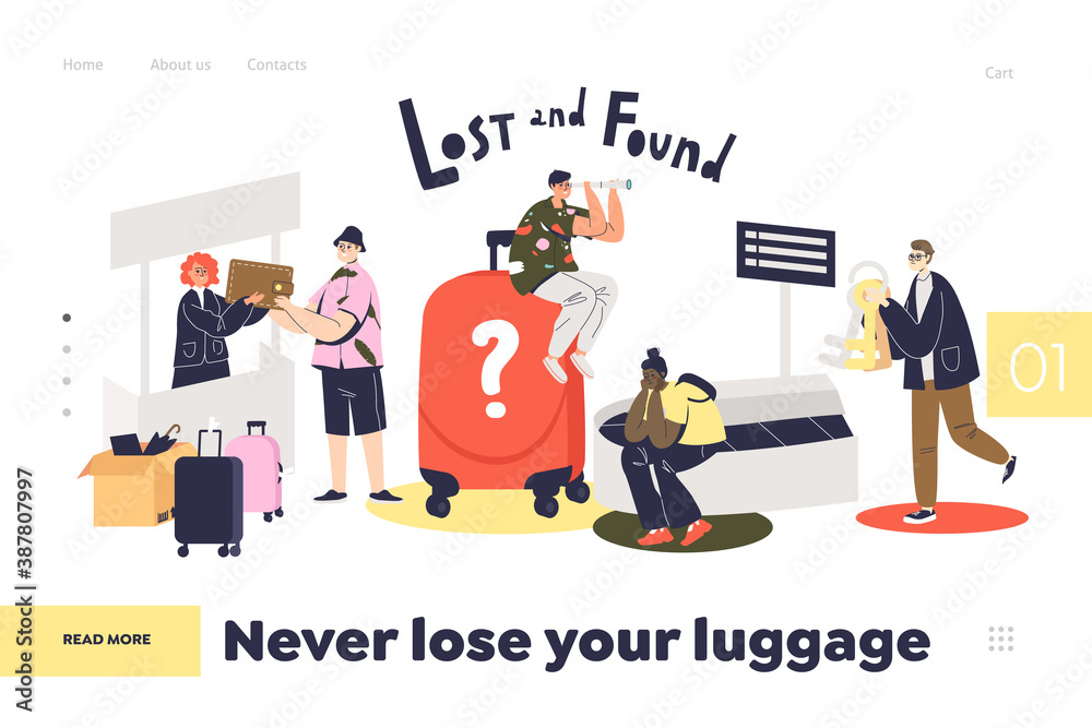 Lost and found service in airport landing page for website. Loosing luggage while travel concept