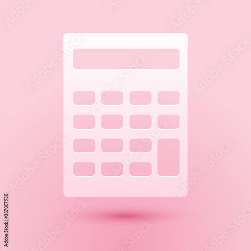 Paper cut Calculator icon isolated on pink background. Accounting symbol. Business calculations mathematics education and finance. Paper art style. Vector.