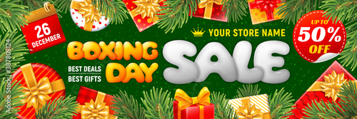 Advertising banner for Christmas sale campaign. Bright Promotional design for store. Boxing day celebration on seasonal winter Xmas holidays. Gift boxes with bows, spruce branches and lettering.