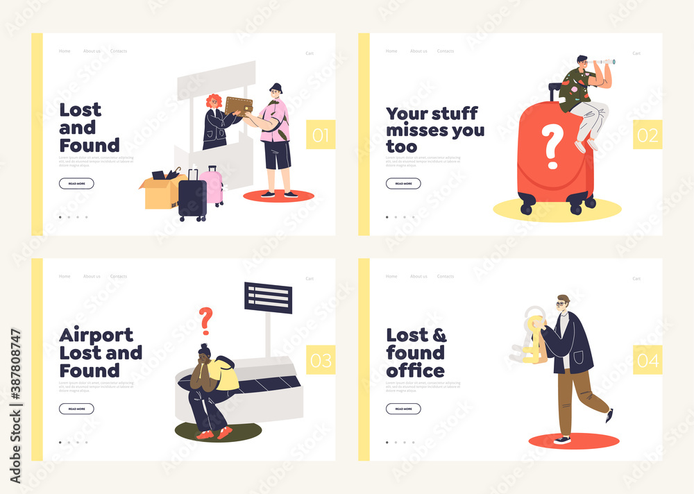 Set of landing pages for lost and found service websites or online offices Set of landing pages for lost and found service websites or online offices