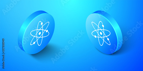 Isometric Atom icon isolated on blue background. Symbol of science, education, nuclear physics, scientific research. Electrons and protonssign. Blue circle button. Vector.