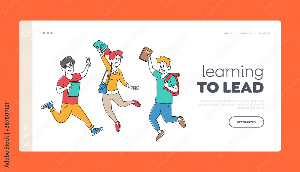 Happy Classmates Jump Landing Page Template. Adult Pupils Characters with Backpacks Rejoice with Hands Up Jumping
