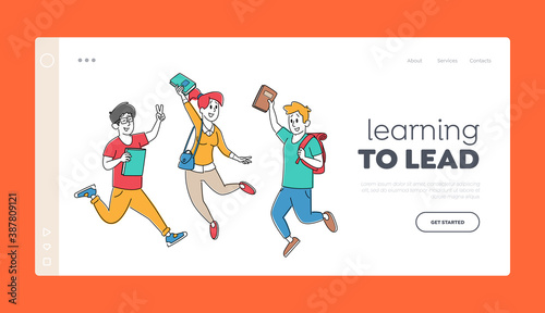 Happy Classmates Jump Landing Page Template. Adult Pupils Characters with Backpacks Rejoice with Hands Up Jumping