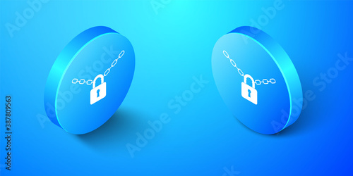 Isometric Metal chain and lock icon isolated on blue background. Padlock and steel chain. Blue circle button. Vector.