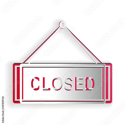 Paper cut Hanging sign with text Closed door icon isolated on white background. Paper art style. Vector.