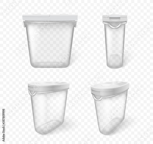 Empty plastic food containers realistic transparent with white cap on white background