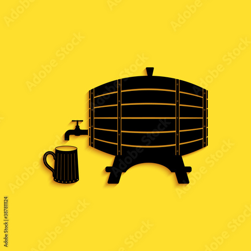 Black Wooden barrel on rack with stopcock and wooden beer mug icon isolated on yellow background. Long shadow style. Vector.