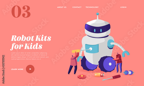 Robotics Hobby Landing Page Template. Tiny Male Characters Making Huge Robot at Home or Lab. Science Engineering