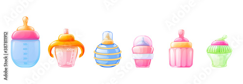 Realistic baby milk bottle set. Colorful colorful bottles for feeding a newborn baby differents shape with pacifier nipples, color plastic handles and measurement scale volume vector 3d