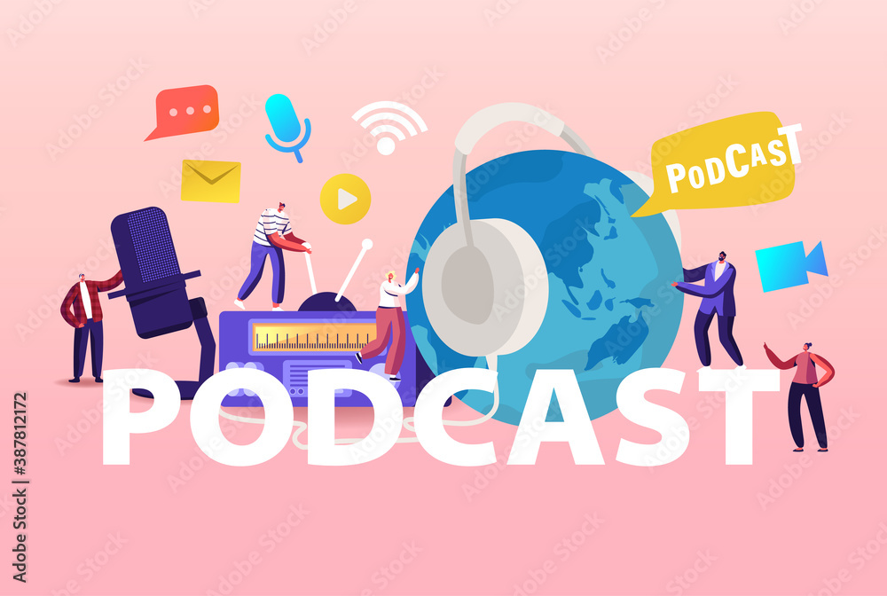 Fototapeta premium Podcast, Comic Talks or Audio Program Online Broadcasting Concept. Tiny Male, and Female Characters with Microphone