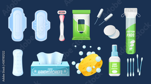 Hygiene product personal care. Realistic woman pads, tampons. Shower gel, oil, antibacterial spray, wet wipes, paper napkins, cotton pads, buds, shaving machine, toilet paper, sponge, washing powder