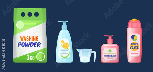 Hygiene product personal care. Shower gel, oil, antibacterial spray, washing powder with measuring cup, shampoo cartoon vector