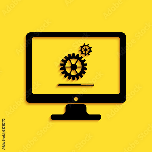 Black Computer monitor update process with gear progress and loading bar icon isolated on yellow background. Adjusting, setting, maintenance, repair. Long shadow style. Vector.