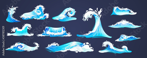 Sea ocean wave set. Blue water ocean waves, marine surf wave, ripples tides sea storm, tsunami, tidal different shapes, splash water motion with spray isolated vector