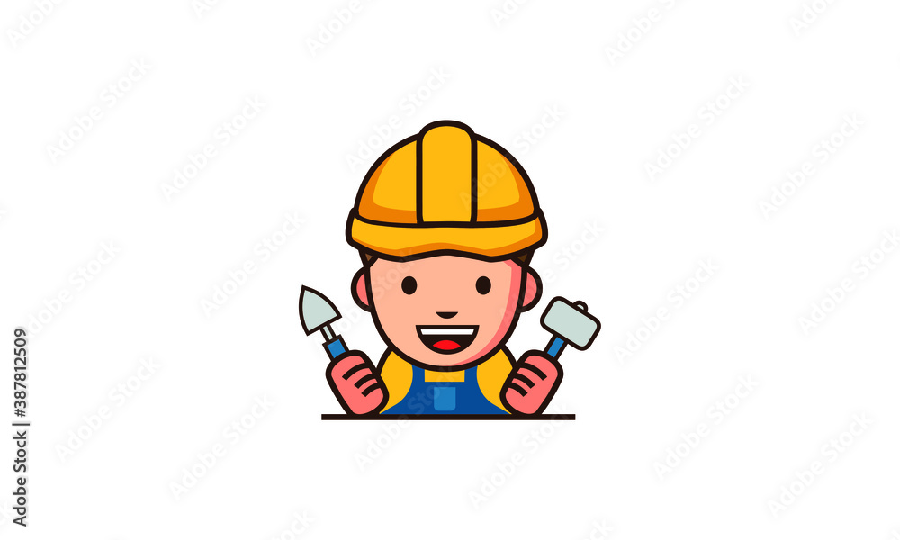 Abstract cartoon illustration of a builder man with a yellow hard hat, holding builder equipment