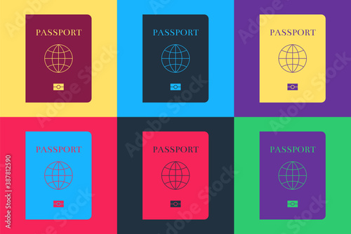 Pop art Passport with biometric data icon isolated on color background. Identification Document. Vector.