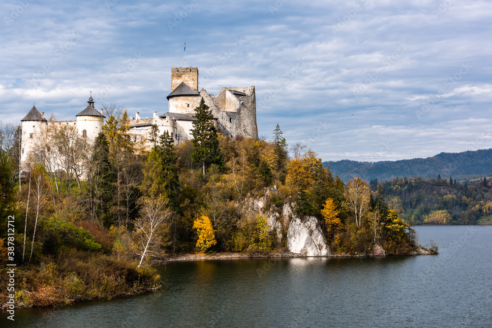 Niedzica Mediaval Castle on Czorsztyn Reservoir and Dunajec River. Polish Landscape and Heritage in Autum Colors.