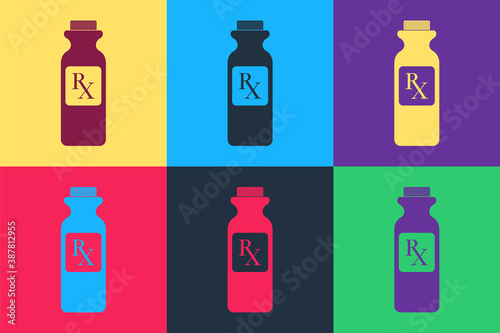 Pop art Pill bottle with Rx sign and pills icon isolated on color background. Pharmacy design. Rx as a prescription symbol on drug medicine bottle. Vector.