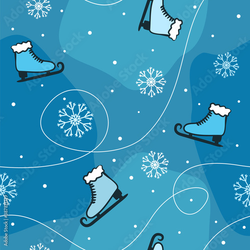 Seamless winter pattern. Sports background with hand-drawn skates and snowflakes. Vector Illustration for the design of competitions, sports projects, tennis equipment.