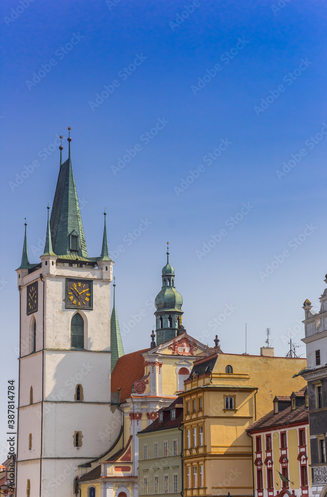 Colorful houses and tower of the All Saints church in Litomerice, Czech Republic