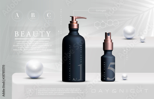 Vector 3D elegant cosmetic products set background premium cream jar for skin care products. Luxury facial cream. Cosmetic ads flyer or banner design. Cosmetic cream template. Makeup products brand.