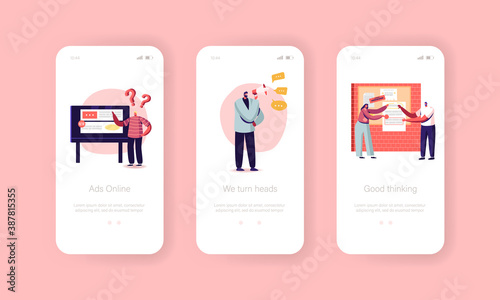 Marketing Agency Mobile App Page Onboard Screen Template. Characters Sticking Advertising, HR Agent Yelling in Megaphone