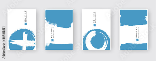 Blue ink brush stroke set on white background. Japanese style.