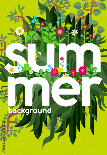 The inscription is a summer in the center and plant elements envelop this inscription. Flat vector illustration