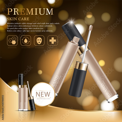 Hydrating facial concealer for annual sale or festival sale. silver and gold cream mask bottle isolated on glitter particles background. Graceful cosmetic ads, illustration.