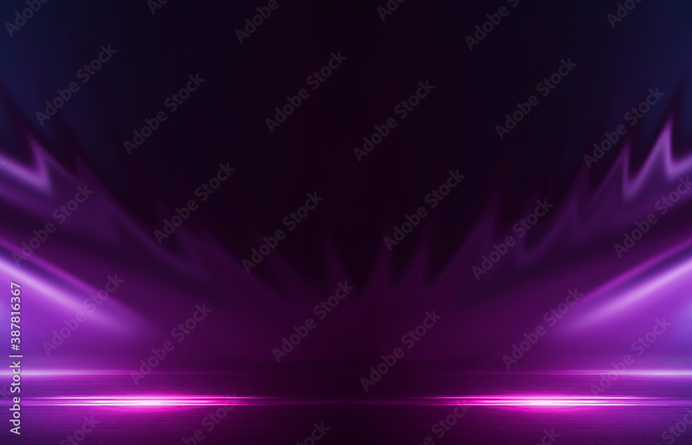 Dark abstract background with ultraviolet neon glow. Blurry neon waves. Light effect. Reflection on the asphalt. 3d illustration Dark abstract background with ultraviolet neon glow. Blurry neon waves. Light effect. Reflection on the asphalt. 3d illustration