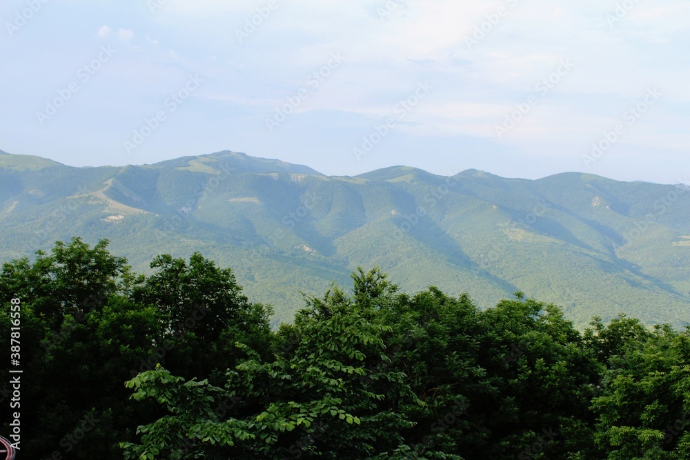 Scenic view of the green alpine meadows of the Small Caucasian ridge in a blue haze on a summer sunny day. Beautiful and calm mountain landscape. Scenic view of the green alpine meadows of the Small Caucasian ridge in a blue haze on a summer sunny day. Beautiful and calm mountain landscape.