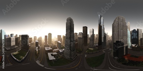 Sunrise over the city,, HDRI, environment map , Round panorama, spherical panorama, equidistant projection, panorama 360