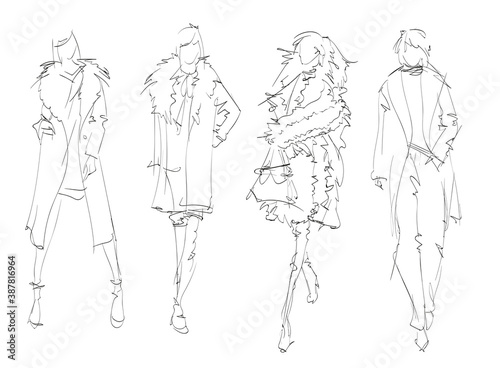 Beautiful young women in modern style.. Hand drawn stylish woman portrait. Fashion lady. Autumn outfit. Sketch set. Fashion model posing in coat. Hand drawn fashion woman.