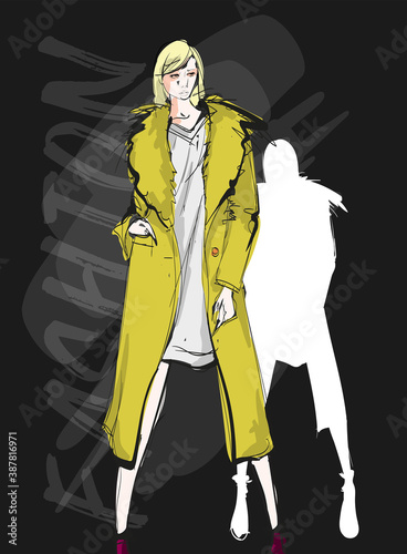 Beautiful young blonde hair woman in autumn coat. Hand drawn fashion girl. Fashion model posing. Sketch. Vector illustration. Fashion woman look. Sketch.