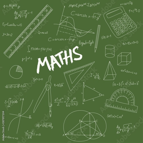 Equations and formulas, measuring mathematical instruments drawn in chalk on a school board.
