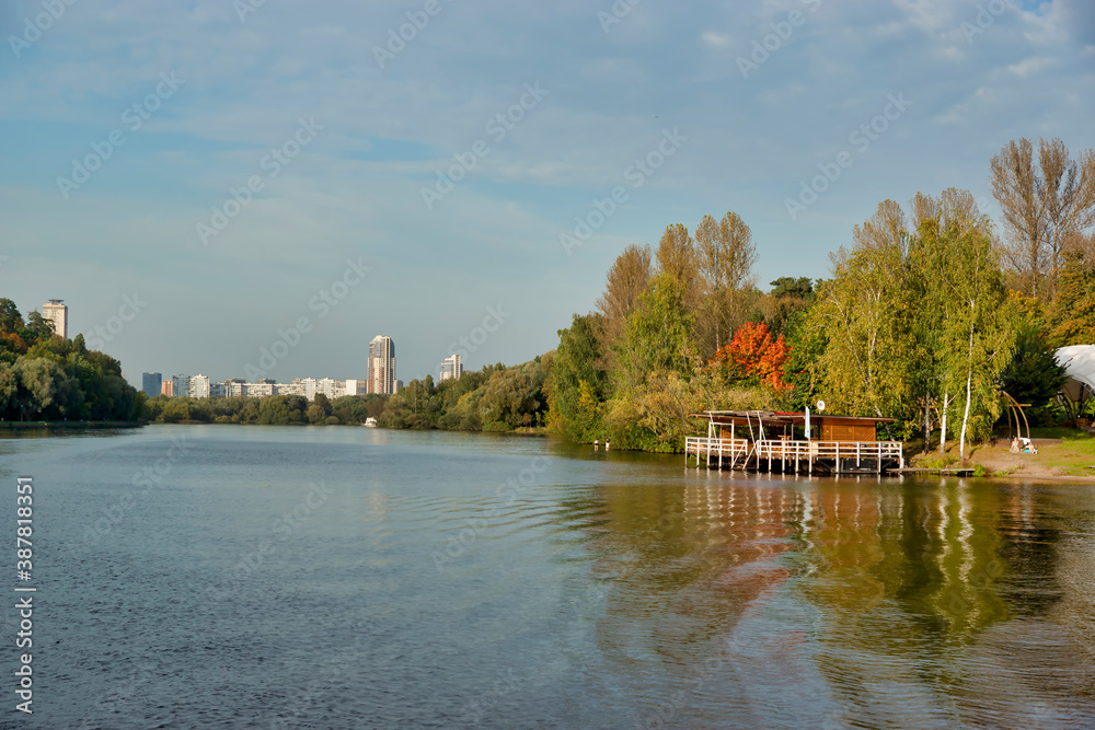 Autumn landscape. Moscow river in Strogino, Moscow