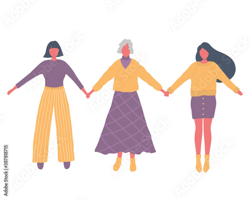 Three generations of women stand together and hold hands. Mother's day concept. There are silhouettes of grandmother, daughter and granddaughter in the picture. Women's solidarity and support. Vector