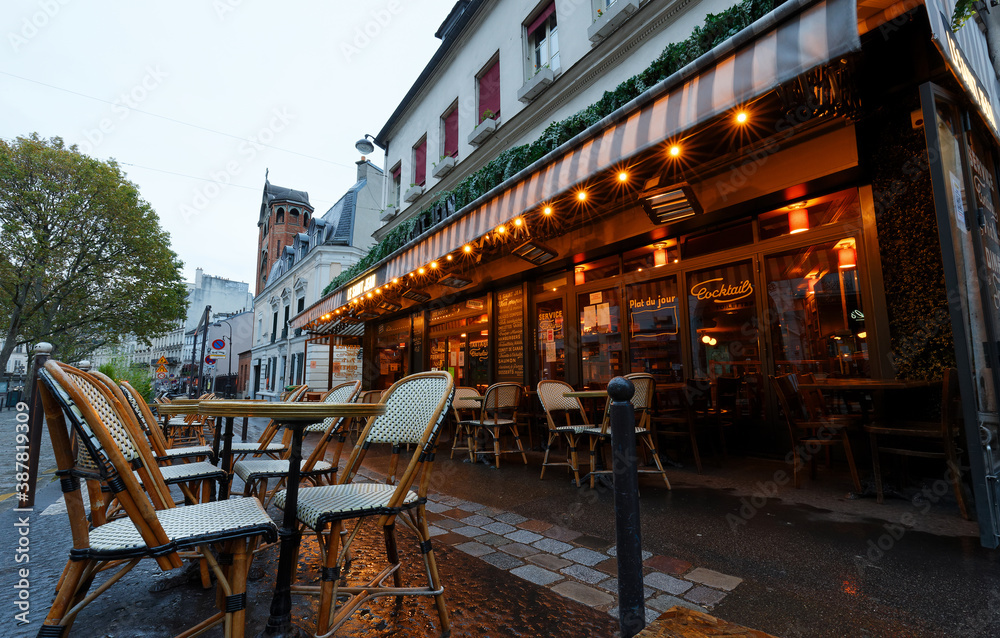 The Cafe Saint Jean at rainy morning . It is a traditional French cafe in the Montmartre