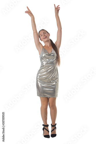 Party girl in silver dress isolated