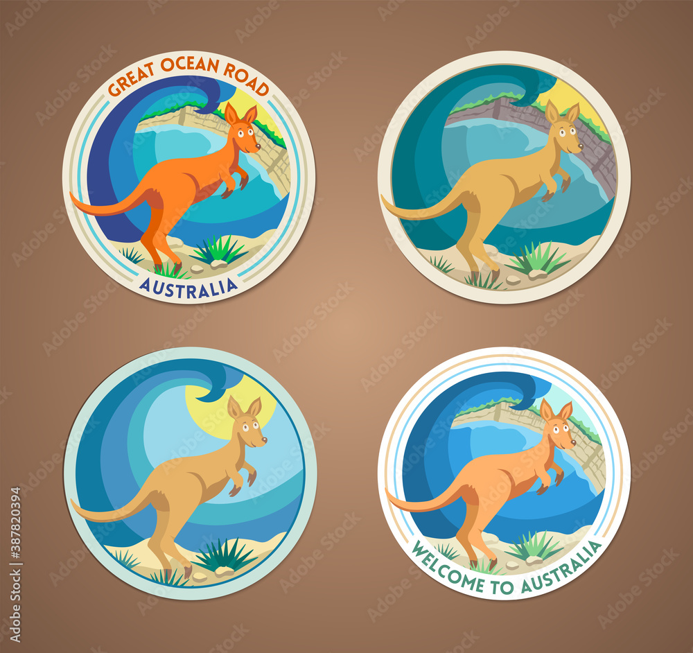 Kangaroo and Great Ocean Road in Australia. Cartoon stickers set or logo emblems collection in retro style. Surf Coast, Victoria 