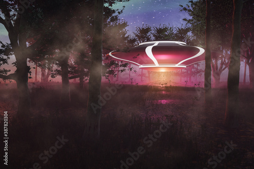 Photo UFO landing in the forest / woods at night, science fiction scene with alien spaceship