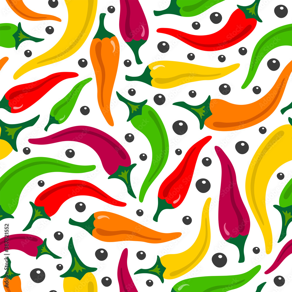 Chili peppers colorful seamless pattern on white background Chili peppers colorful seamless pattern on white background