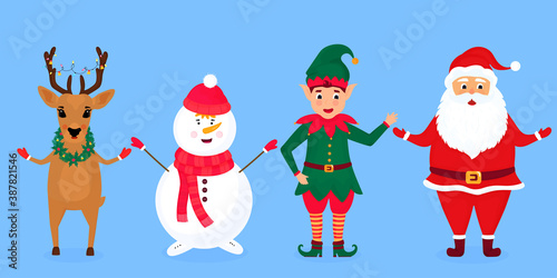 Christmas elf, Santa Claus, snowman and deer