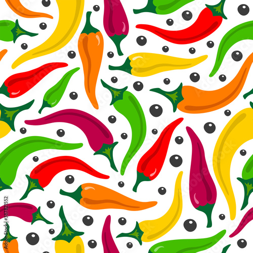 Chili peppers colorful seamless pattern on white background