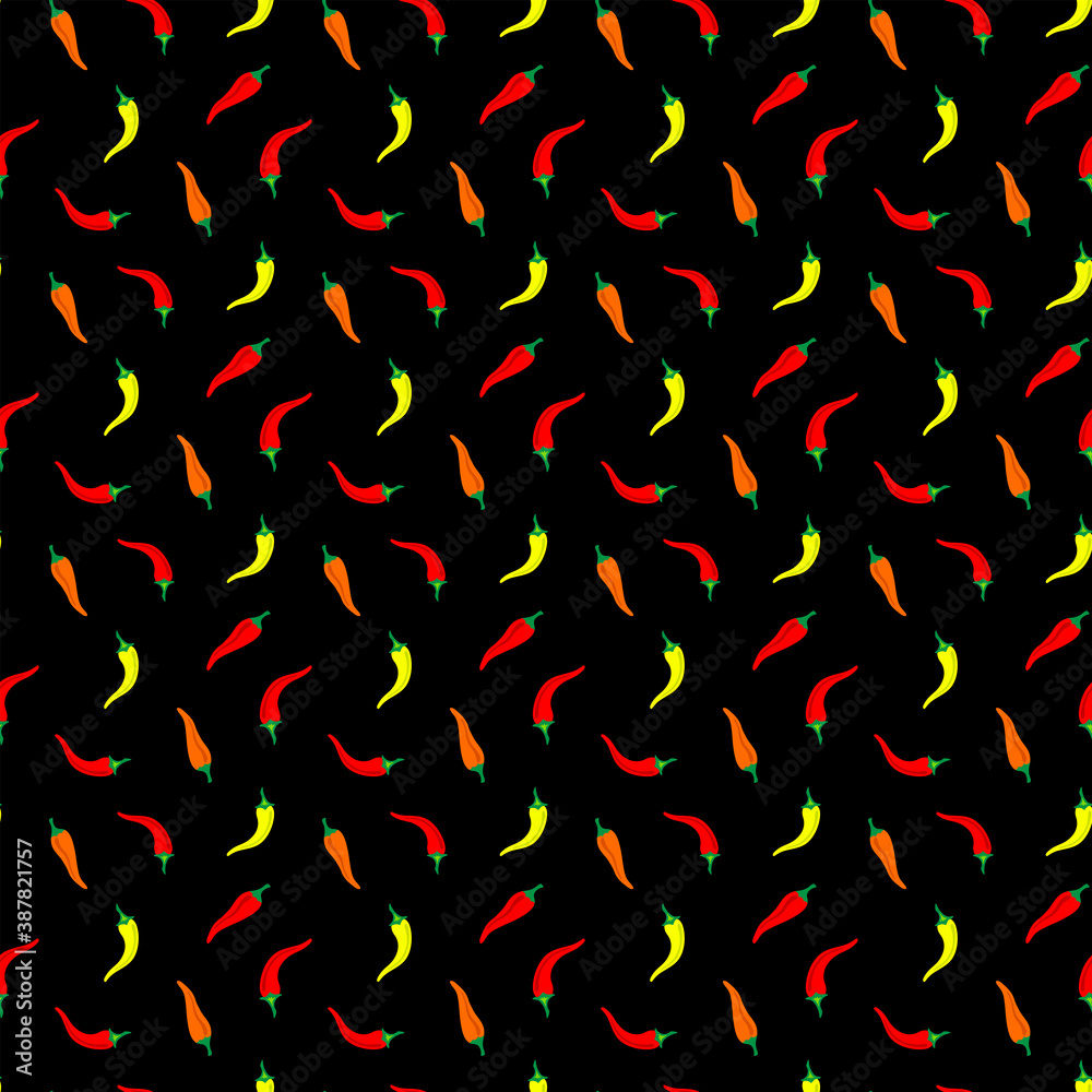Chili peppers bright seamless pattern on black background Chili peppers bright seamless pattern on black background