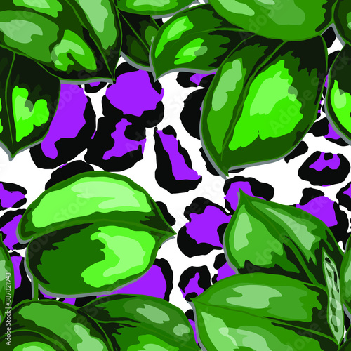 Tropical seamless pattern on animalistic texture. Jungle exotic summer print. Summer tropical leaf. Tropical flower fashion pattern. Floral tropic illustration. Vector seamless pattern.	