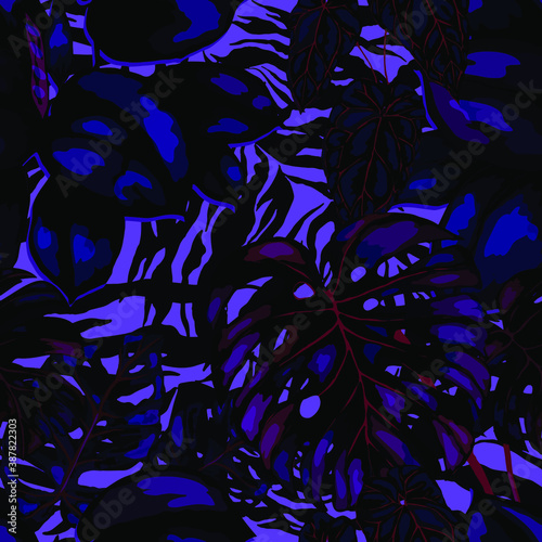 Tropical seamless pattern on animalistic texture. Jungle exotic summer print. Summer tropical leaf. Tropical flower fashion pattern. Floral tropic illustration. Vector seamless pattern.	