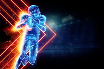 Silhouette of an American football player on fire on the background of the stadium. Concept for sports, speed, bets, American game.