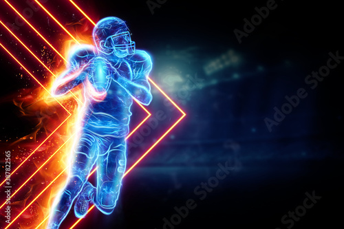Silhouette of an American football player on fire on the background of the stadium. Concept for sports, speed, bets, American game. © Aliaksandr Marko